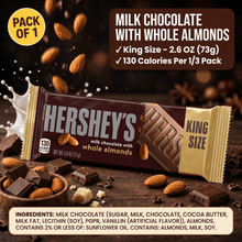(Pack of 1) Hershey's Milk Chocolate with Whole Almonds King Size Candy, Bar 2.6 oz