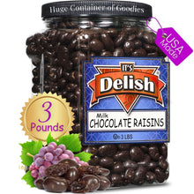 Gourmet Milk Chocolate Covered Raisins by It's Delish, 3 LBS Jumbo Container | Milk Chocolate Raisins Candy Snack for Parties or Holiday Events and Healthy Snacking | USA Made, Kosher Dairy