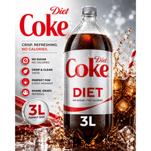 3 Liter Diet Coke Soda Pop Bottle, Zero Sugar Carbonated Soft Drink, Classic Cola Flavor, Refreshing Low Calorie Beverage for Everyday Enjoyment.