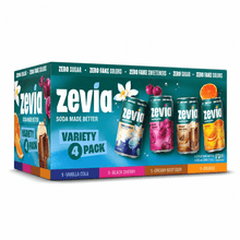 Zevia Zero Sugar Soda Variety Pack, 12 fl oz Cans, 4 Pack (1 Vanilla Cola, 1 Black Cherry, 1 Creamy Root Beer, 1 Orange) – Zero Calories, Naturally Sweetened