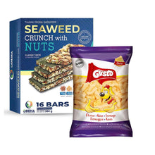 Seaweed Crunch with Nuts Classic Taste and Gusto Cheese Puffs Snack Bundle, Vegan Seaweed Snack Bars with Cashews Almonds Pumpkin Seeds and Crunchy Baked Cheese Flavored Puffs