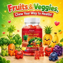 Ahete Fruit & Veggies Gummy Candy. Contains Multiple Vitamins, 15 Kinds Of Fruits And 14 Kinds Of Vegetables. Rich In Nutrition And Delicious, It Supports Antioxidants And Overall Health. A Daily Dietary Supplement. Each Bottle Contains 60 Capsules.