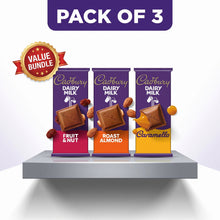 Cadbury Dairy Milk Deluxe Variety Pack, Fruit and Nut, Caramello & Roast Almond Chocolate Candy Bars, 3 Pack, Creamy Milk Chocolate Collection for Snacking, Sharing, Gifting & Sweet Treats