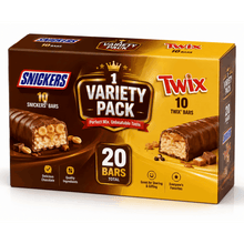 Snickers & Twix Ultimate Chocolate Candy Variety Pack, 20 Bars Total (10 Snickers + 10 Twix), Caramel, Milk Chocolate & Cookie Bars, Family Size Sharing Box