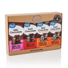 Great Value Chocolate Variety Pack – Milk Chocolate, Dark Chocolate, Milk Chocolate with Salted Toffee & Dark Chocolate with Chopped Almond Bars, 3.52 oz Each- Packaging may vary