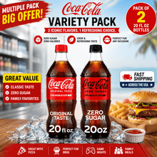 Pack of 2 Coca-Cola Variety Pack, Original Taste & Zero Sugar Soda, 20 fl oz Bottles, Carbonated Soft Drinks, Classic Cola, Zero Sugar, Ready-to-Drink Refreshing Beverage