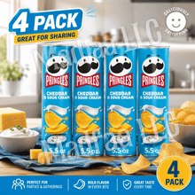 Cheddar and Sour Cream flavored crunchy potato crisps and savory snack chips, convenient stackable canisters for lunch boxes school snacks office breaks road trips picnics movie nights game days and party tables, bold flavor inspired crispy snack food