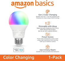 Amazon Basics Smart A19 Bulb, Color Changing, 9W (60W Equivalent), 800LM, Works with Alexa Only, WiFi 2.4 GHz, No Hub Required, Mood Lighting, Energy Efficient, 1-Pack — Complimentary Gift with $62+ Orders; If the Gift Is Out of Stock or Its ...
