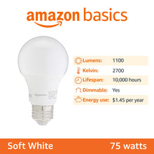 Amazon Basics A19 Bulbs, 75 Watt Equivalent, Energy Efficient 12W, E26 Standard Base, Soft White 2700K, Dimmable, 10,000 Hour Lifetime , 6-Pack — Complimentary Gift with $30+ Orders; If the Gift Is Out of Stock or Its Price Rises, Order Cance...