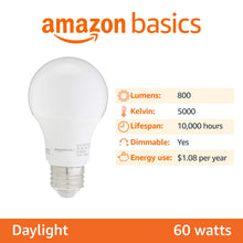 Amazon Basics A19 Bulbs, 60W Equivalent, 9W, E26 Standard Base, Daylight White 5000K, Dimmable, 10,000 Hour Lifetime, 6-Pack — Complimentary Gift with $49+ Orders; If the Gift Is Out of Stock or Its Price Rises, Order Cancelled with Full Refu...