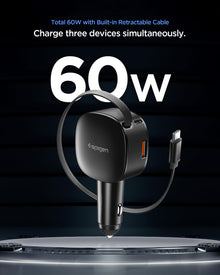 Spigen 3-in-1 60W Retractable USB C Car Charger, Support Fast USB C & USB A — Complimentary Gift with $83+ Orders; If the Gift Is Out of Stock or Its Price Rises, Order Cancelled with Full Refund Before Shipment