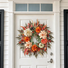 24"Artificial Silk Hydrangea Flower Dahlia Fall Wreath for Front Door Decor — Complimentary Gift with $76+ Orders; If the Gift Is Out of Stock or Its Price Rises, Order Cancelled with Full Refund Before Shipment