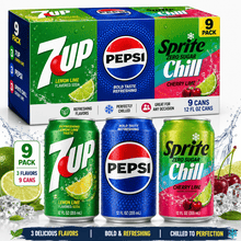 9-Pack Soda Variety Pack – 3 × 7UP Lemon Lime Soda, 3 × Pepsi Cola & 3 × Sprite Zero Sugar Chill Cherry Lime, Assorted 12 fl oz Cans, Refreshing Carbonated Soft Drinks, Mixed Flavor Beverage Pack for Home, Parties, Picnics, Travel & Everyday Enjoyment