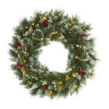 Nearly Natural 24in. Frosted Swiss Pine Artificial Wreath with 35 Clear LED Lights and Berries, Green, 5x24x24 — Complimentary Gift with $69+ Orders; If the Gift Is Out of Stock or Its Price Rises, Order Cancelled with Full Refund Before Shipment