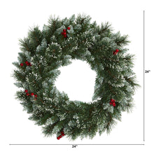 Nearly Natural 24in. Frosted Swiss Pine Artificial Wreath with 35 Clear LED Lights and Berries, Green, 5x24x24 — Complimentary Gift with $69+ Orders; If the Gift Is Out of Stock or Its Price Rises, Order Cancelled with Full Refund Before Shipment