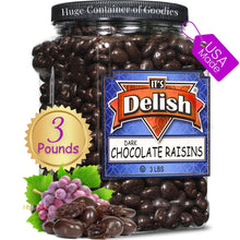 Gourmet Dark Chocolate Covered Raisins by It's Delish, 3 LBS Jumbo Container | Dark Chocolate Raisins Candy Snack for Parties or Holiday Events and Healthy Snacking | USA Made, Kosher