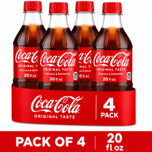 Pack of 4 Coca-Cola Soda Pop Bottles, 20 fl oz Each, Classic Coke Soft Drink with Refreshing Original Taste