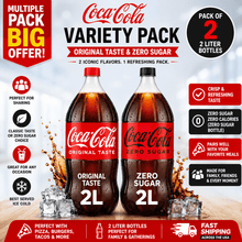 Pack of 2 Coca-Cola Variety Pack, Original Taste & Zero Sugar Soda, 2 Liter Bottles, Carbonated Soft Drinks, Classic Cola, Zero Sugar, Family Size Refreshing Beverage