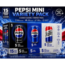 Pepsi Mini Variety Pack, 15 Mini Cans (5 Pepsi Zero Sugar, 5 Pepsi Mini Original Cola, 5 Pepsi-Cola Soda Shop Made with Real Sugar), 7.5 fl oz Mini Cans, Premium Assorted Cola Variety Pack for Family Gatherings, Entertaining & Everyday Enjoyment
