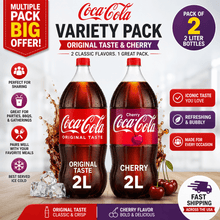 Pack of 2 Coca-Cola Soda Variety Pack, Original & Cherry Flavors, 2 Liter Bottles, Carbonated Soft Drinks, Classic Cola & Cherry Cola, Family Size Refreshing Beverage