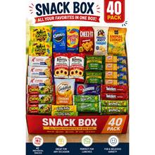 A collection of 40 assorted snack items including candy, granola bars, fruit snacks, crackers, and sweet or salty treats, perfect for travel, school, office lunches, or as gifts.
