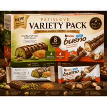 Premium Chocolate Variety Pack Box, 8 Individually Wrapped Bars Featuring Dubai Style Pistachio Cream & Kadayif Filled Milk Chocolate and Kinder Bueno Crispy Creamy Hazelnut Chocolate Bars, Gourmet Assorted Candy Gift Box
