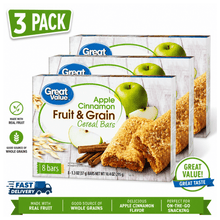 3 PACK Great Value Fruit & Grain Cereal Bars Apple, Cinnamon, 10.4 oz, 8 Count