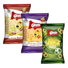 Gusto Salted Corn Puffs and Cheese Puffs and Crispy Onion Rings Bundle, Vegan Corn Puffs, Baked Cheese Flavored Snacks, Gluten Free Onion Ring Chips, Assorted Savory Snacks