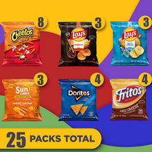 Frito-Lay Variety Pack (1 oz bags) features a selection of popular flavors: Fritos Chili Cheese Corn Chips, Lay's Barbecue Potato Chips, Cheetos Crunchy Cheese Snacks, Doritos Cool Ranch Tortilla Chips
