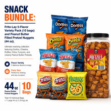 Snack Variety Pack: Frito-Lay 5-Flavor Mix (10 packs) and Peanut Butter Filled Pretzel Nuggets (44 oz). Ideal for parties, the office, and after-school snacking; features individually wrapped packs and a resealable box for convenient storage