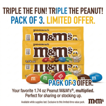 M&M’s Peanut Milk Chocolate Candy – Full Size 1.74 oz Pouch (PACK OF 3)