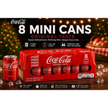 Coca-Cola Original Taste Mini Soda Cans, 8 Pack, 8 Fl Oz Mini Cans, Classic Refreshing Cola Soft Drink, Convenient Single-Serve Mini Size, Perfect for Lunches, Parties, Picnics, Travel, Family Gatherings, and Everyday Enjoyment