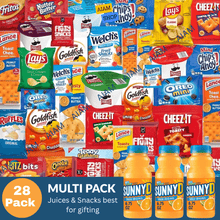28 Pack Snack & Juice Variety Box - College Care Package, School Lunches, Office Pantry - Cheez-It, Lay's, Oreo Mini, Goldfish, SunnyD Juices & Name-Brand Snacks