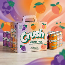 Crush Soda Variety Pack, Grape, Orange & Peach Flavors, 12 Cans Total (4 of Each Flavor), 12 fl oz Caffeine-Free Soft Drinks