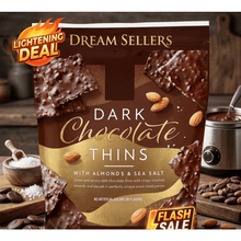 Dark Chocolate Thins with Almonds & Sea Salt 20 oz Thin Cut Chocolate Style Confectionery Pieces Almond Embedded Salted Dark Chocolate Thin Squares Bulk Pack Resealable Container Sweet Snack Assortment for Storage Sharing and General Use