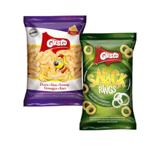 Gusto Cheese Puffs Snack and Gusto Crispy Onion Rings Snack Bundle, Baked Cheese Flavored Puff Treats and Crunchy Gluten Free Seasoned Onion Ring Chips, Snack Bags for Kids, Parties and Travel