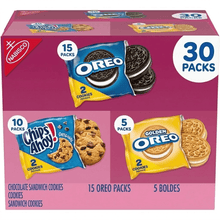 A 30 Count assortment of individually wrapped sweet snacks and crispy treats, perfect for travel, office, school, lunchboxes, or party favors.