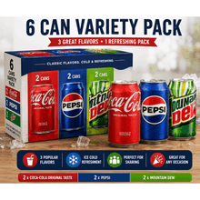 6-Can Soda Variety Pack – 2 Coca-Cola Original Taste, 2 Pepsi Cola & 2 Mountain Dew, Assorted Soft Drink Bundle