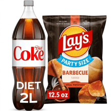 Diet Coke Soda 2 Liter Bottle + Lay's Barbecue Flavored Potato Chips Party Size 12.5 oz Bag, Combo Pack