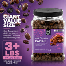 Member's Mark Milk Chocolate Raisins, large resealable pack, contains California raisins coated in milk chocolate. Perfect for candy bowls, party favors, dessert decorations, hiking snacks, office snacks, travel snacks, and pantry snacks. 54 oz