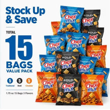Chex Mix Variety Pack—featuring individually wrapped portions in multiple flavors. This snack mix includes Corn Chex, Wheat Chex, breadsticks, pretzels, rye chips, and cheddar crackers. The pack contains 5 bags each of three flavors: Traditional