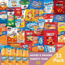 Ultimate 33 Piece Snack & Juice Variety Box, SunnyD Citrus Drinks, Sweet Biscuits, Salty Crisps, Cheese Crackers, School Lunch Snacks, Office Pantry Bundle, Dorm Care Package, Kids & Adults Snack Box, Travel Snack Kit, Gift Basket
