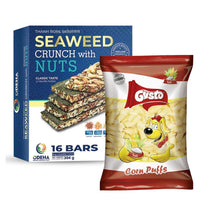 Seaweed Crunch with Nuts Classic Taste Snack Bars and Gusto Salted Corn Puffs Crunchy Corn Snack Bundle for Kids and Adults, Healthy On-the-Go Snack Variety Pack